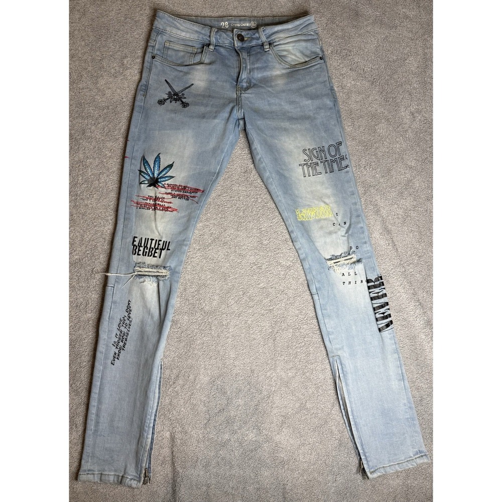 Crysp Denim Jeans Mens Sz 28x32 Blue Distressed‎ Graphic Script Streetwear